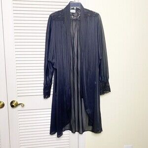 Vintage 70s Lorraine Black Nylon Sheer  Lace Open Front Robe Large Tie USA